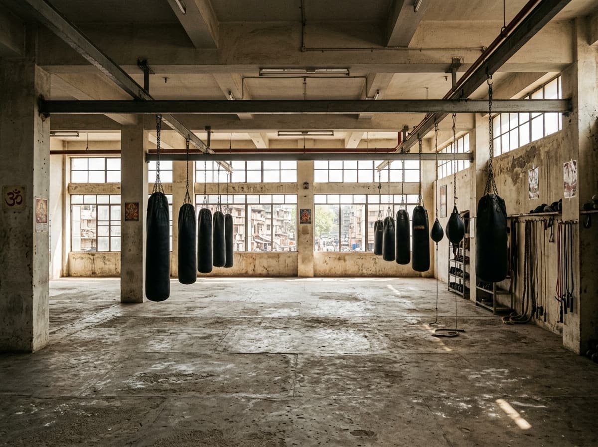 NOX Fight Club training space — heavy bags, mats, and authentic gym environment in Kozhikode