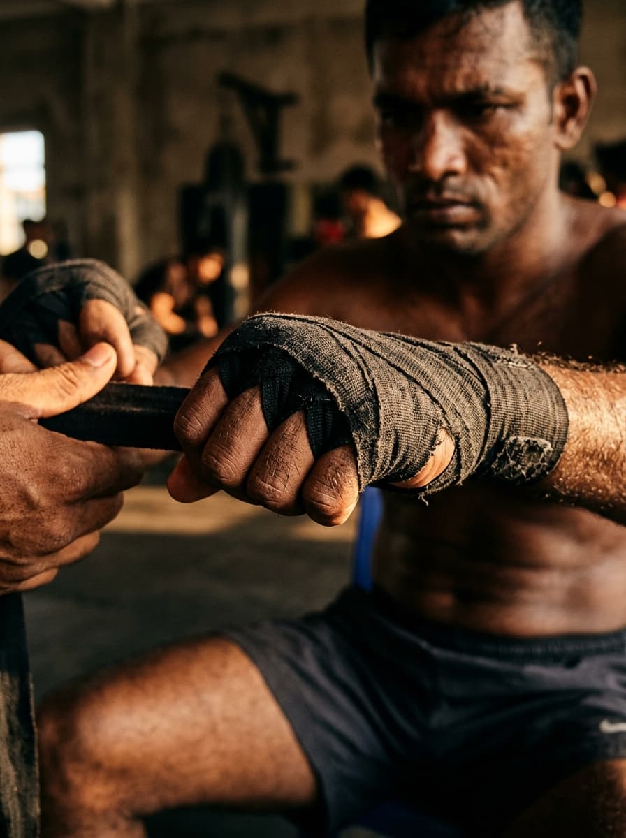 Fighter wrapping hands before training at NOX Fight Club